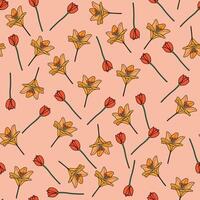 Seamless pattern of Tulip and Lilium hand-drawing style with background in a wild flower concept, illustration vector