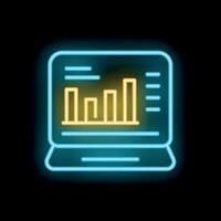 Neon sign showing laptop displaying growing bar chart on black background vector