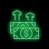 Neon green dollar bills increasing value with up arrows vector