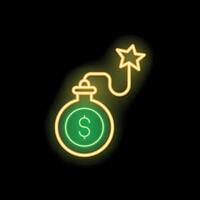 Neon sign representing a money bomb exploding with a lighted wick and star on black background vector