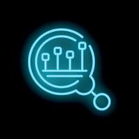 Neon magnifying glass analyzing growing bar chart icon vector