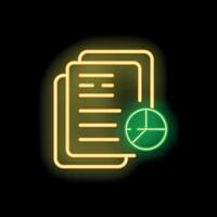 Neon icon of documents with pie chart representing business report vector