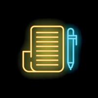 Neon sign of a pen and paper for writing and taking notes vector