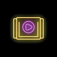 Neon sign depicting a pile of videos with play button on black background vector