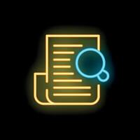 Neon icon of magnifying glass examining document for fact checking vector