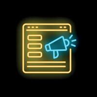 Neon icon of megaphone announcing on website representing online marketing vector