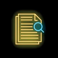 Neon icon of magnifying glass searching through document vector