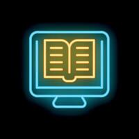 Neon icon of open book displayed on computer monitor screen vector
