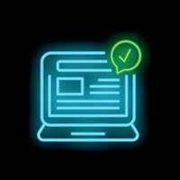 Neon green tick icon over laptop screen displaying article with approved content vector