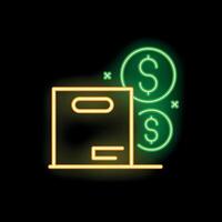 Neon sign showing cardboard box with dollar coins representing concept of storage costs vector