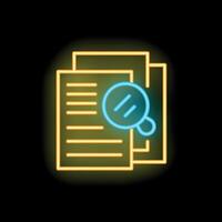 Neon magnifying glass hovering over documents representing search vector