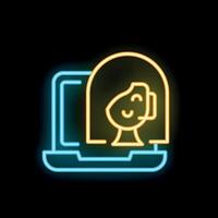 Neon icon of smiling woman having a call on laptop vector