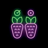 Neon sign showing right and wrong choice with strawberries on black background vector