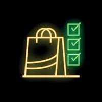 Neon shopping bag with completed checklist symbolizing successful purchase vector