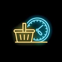 Neon sign illustrating shopping basket and clock for express delivery concept vector