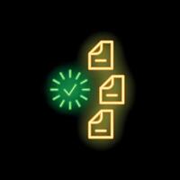 Neon style icon showing documents being approved with check mark vector