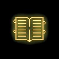 Yellow neon open book icon on black background vector