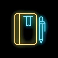 Neon notebook and pen icon glowing on dark background vector