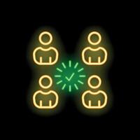Neon icon of four business people forming a team with check mark in a center vector