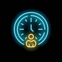 Neon sign representing time management with clock and user icon vector