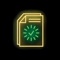 Neon icon of documents with check mark representing successful validation process vector