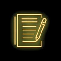 Neon yellow note paper and pencil icon glowing on black background vector