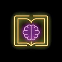 Neon sign illustrating open book with glowing brain inside vector