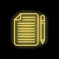Neon yellow document with lines and pencil icon glowing on black background vector