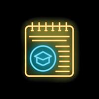 Neon graduation cap icon on notepad representing online education vector