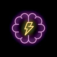 Neon sign of brain with lightning bolt inside symbolizing brainstorming vector