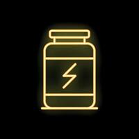 Glowing neon icon of sport nutrition whey protein container on black background vector