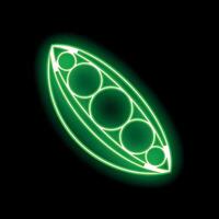 Green neon sign showing open pea pod with peas on black background vector