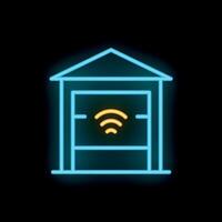 Neon icon of a garage with a wifi symbol representing a smart home vector