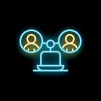 Neon icon of two people connecting through laptop computer vector