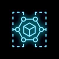 Neon blockchain network icon with cube and nodes glowing on black background vector
