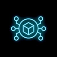 Neon blockchain network connecting through digital cube symbol on black background vector