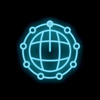 Neon icon of planet earth surrounded by network nodes representing global connectivity vector