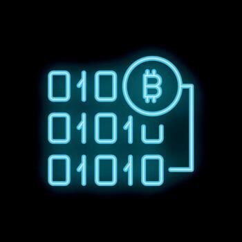neón azul bitcoin criptomoneda minería binario código icono vector