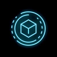 Neon blue cube rotating inside glowing circle on black background vector