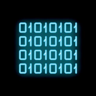 Neon binary code glowing on black background