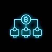 Bitcoin network connecting three computers with neon blue lines on black background vector