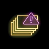 Neon sign showing exclamation point in triangle over paper sheets vector
