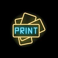 Neon print sign with paper sheets glowing in dark background vector