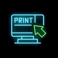 Neon print button with mouse cursor clicking on black background vector