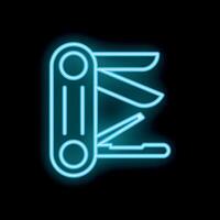 Blue neon style icon of multi tool knife with scissors pliers and saw vector
