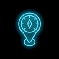Neon sign showing compass with needle pointing north on map pin vector