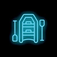Neon sign of inflatable boat with oars glowing on black background vector