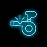 Blue neon whistle blowing icon making loud noise on black background vector