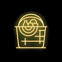 Neon icon of trashcan full of plastic waste on black background vector