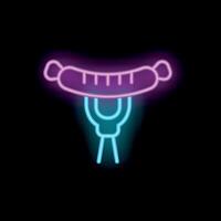 Neon sausage skewered on a fork glowing on black background vector